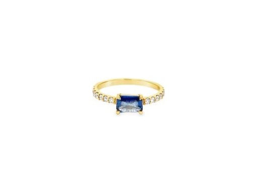 18K Yellow Gold Emerald-Cut Sapphire Ring with Natural Diamond Band